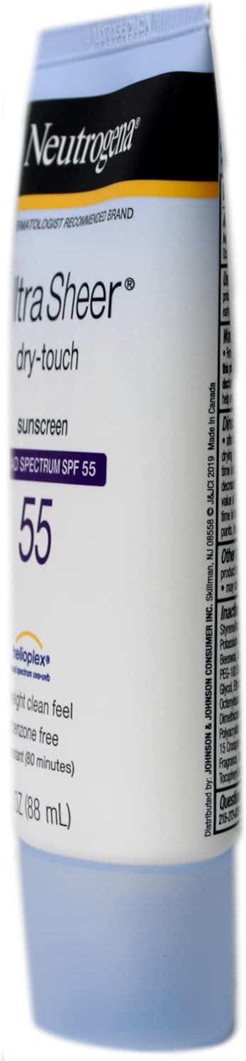 Neutrogena Ultra Sheer Dry-Touch Sunscreen Lotion, Broad Spectrum SPF 55 UVA/UVB Protection, Oxybenzone-Free, Light, Water Resistant, Non-Comedogenic & Non-Greasy, Travel Size, 3 fl. oz