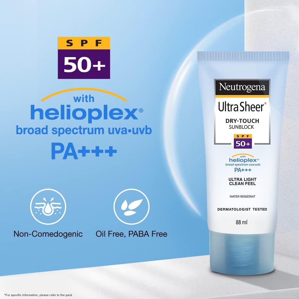 Neutrogena Ultra Sheer Sunscreen SPF 50+ | Broad Spectrum UVA/UVB | Blue light protect | No White Cast | Water resistant Ultra light & Non sticky | Oily, Dry & Sensitive Skin | 30 g (Pack of 1)