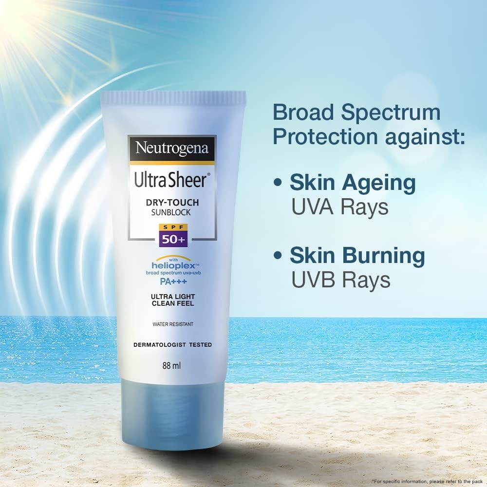 Neutrogena Ultra Sheer Sunscreen SPF 50+ | Broad Spectrum UVA/UVB | Blue light protect | No White Cast | Water resistant Ultra light & Non sticky | Oily, Dry & Sensitive Skin | 30 g (Pack of 1)