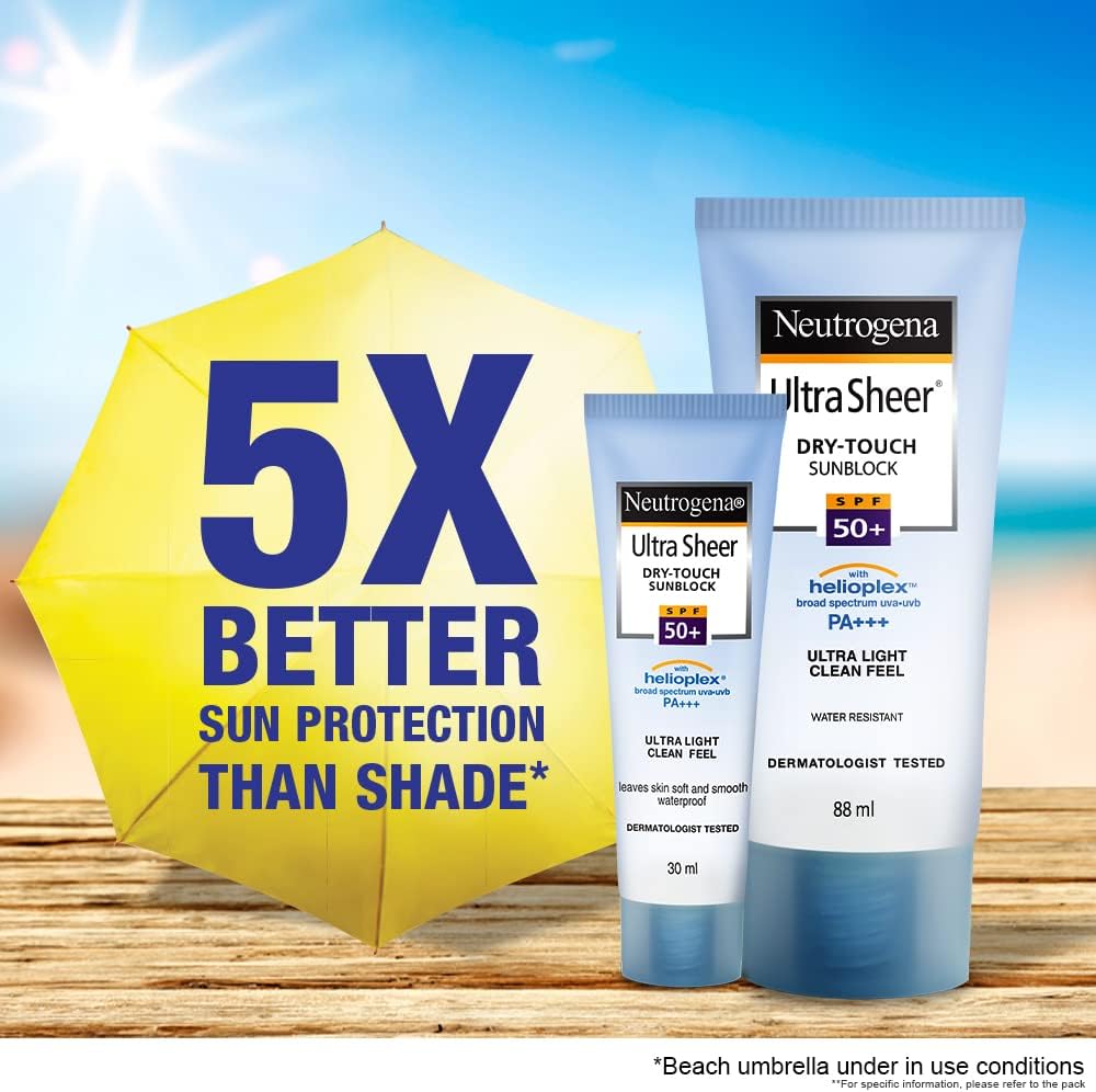 Neutrogena Ultra Sheer Sunscreen SPF 50+ | Broad Spectrum UVA/UVB | Blue light protect | No White Cast | Water resistant Ultra light & Non sticky | Oily, Dry & Sensitive Skin | 30 g (Pack of 1)