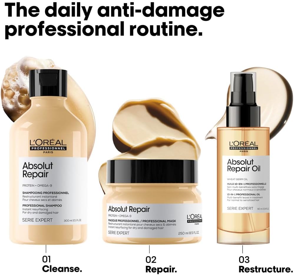L’Oréal Professionnel | Absolut Repair Oil multi-benefit leave in treatment | For dry and damaged hair | | Repairs & Hydrates Dry, Damaged Hair | With Protein and Gold Quinoa | SERIE EXPERT | 90ml