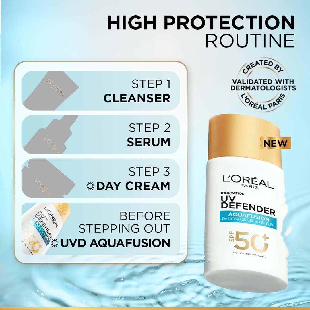 L’Oréal Paris UV Defender Aquafusion Daily Water Gel Sunscreen SPF50+ PA++++, Defends from all UV aging signs, Absorbs in 3 Seconds, 50ml