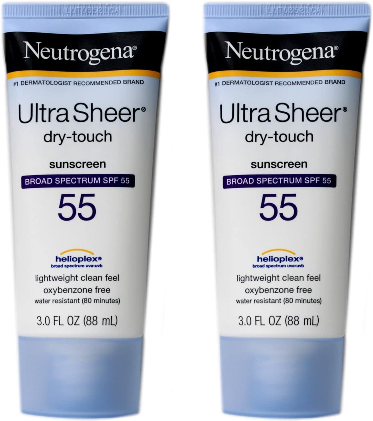Neutrogena Ultra Sheer Dry-Touch Sunscreen Lotion, Broad Spectrum SPF 55 UVA/UVB Protection, Oxybenzone-Free, Light, Water Resistant, Non-Comedogenic & Non-Greasy, Travel Size, 3 fl. oz