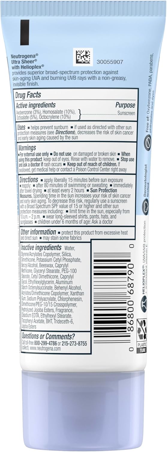 Neutrogena Ultra Sheer Dry-Touch Sunscreen Lotion, Broad Spectrum SPF 55 UVA/UVB Protection, Oxybenzone-Free, Light, Water Resistant, Non-Comedogenic & Non-Greasy, Travel Size, 3 fl. oz