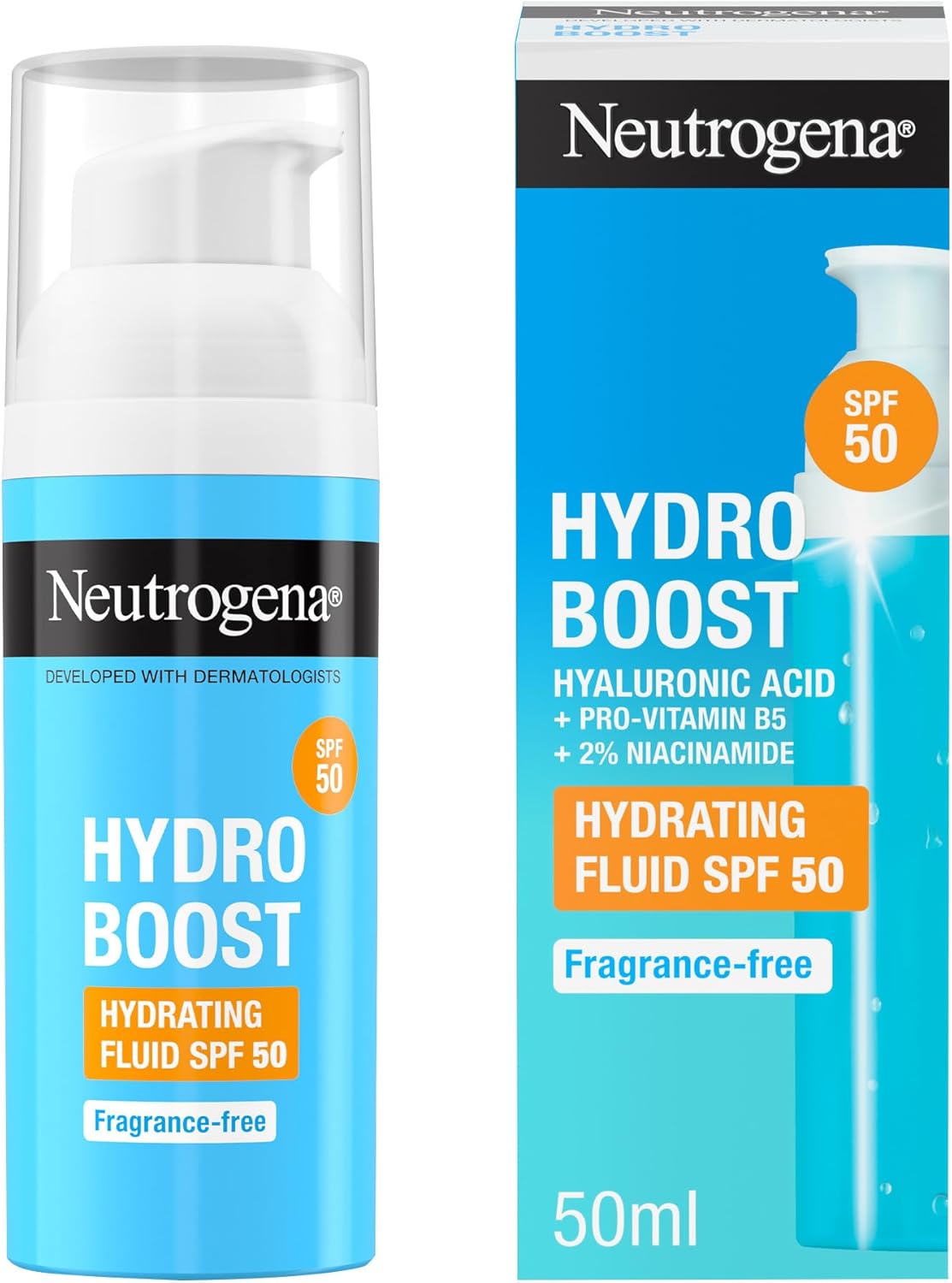 Neutrogena Hydro Boost Hydrating Sun Fluid SPF 50, Lightweight, Non-Sticky, with Hyaluronic Acid, Pro-Vitamin B5 and 2% Niacinamide, 50ml