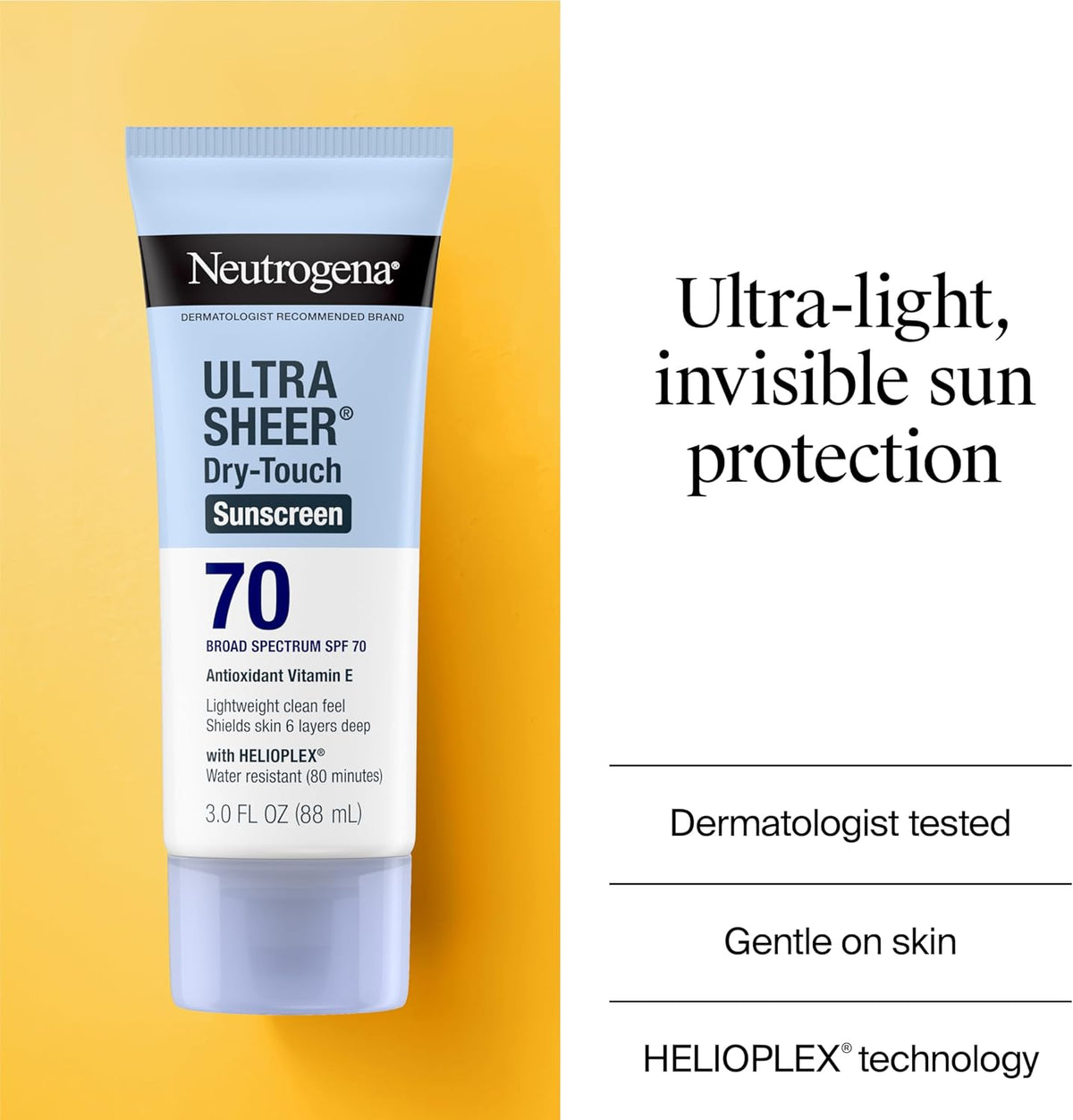 Neutrogena Ultra Sheer Dry-Touch Sunscreen Lotion, Broad Spectrum SPF 55 UVA/UVB Protection, Oxybenzone-Free, Light, Water Resistant, Non-Comedogenic & Non-Greasy, Travel Size, 3 fl. oz