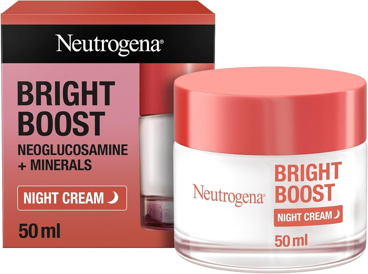 Neutrogena Bright Boost Night Gel Cream, 50ml, energizes dull skin, non-comedogenic, alcohol-free, formulated with Neoglucosamine for brighter, smoother skin