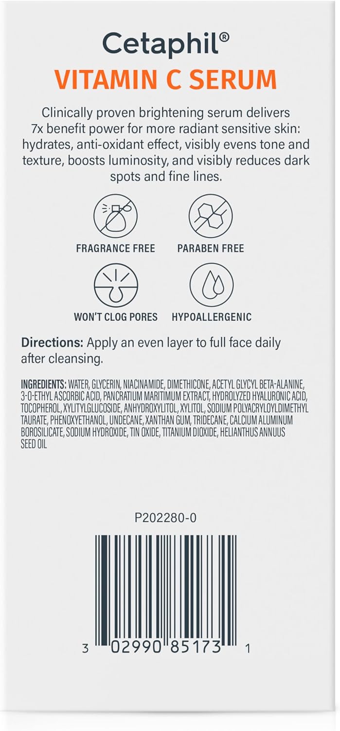 Cetaphil Vitamin C Serum, Visibly Reduces Look of Dark Spots and Hyperpigmentation, Formulated with Niacinamide, Designed for Sensitive Skin, Fragrance Free, Dermatologist Tested, 1oz