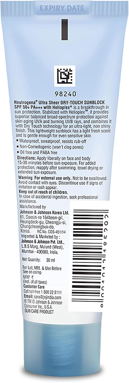 Neutrogena Ultra Sheer Sunscreen SPF 50+ | Broad Spectrum UVA/UVB | Blue light protect | No White Cast | Water resistant Ultra light & Non sticky | Oily, Dry & Sensitive Skin | 30 g (Pack of 1)