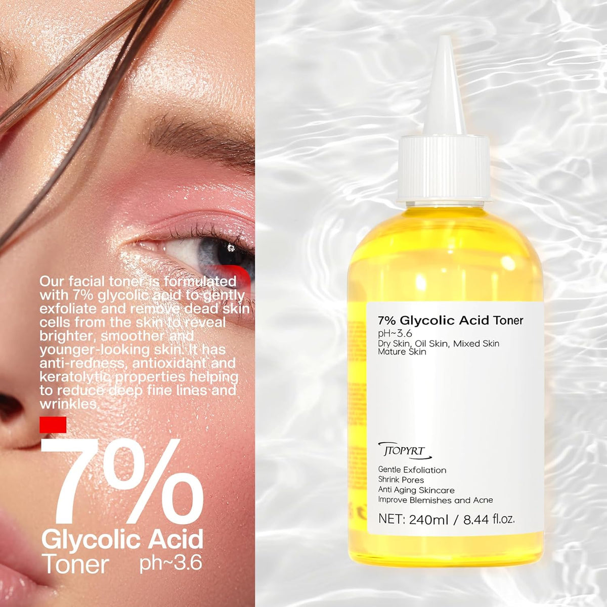 Glycolic Acid 7% Exfoliating Toner: Glycolic Acid Toner Gently Exfoliates 240ml - Toning Solution Reduces Skin Blemishes