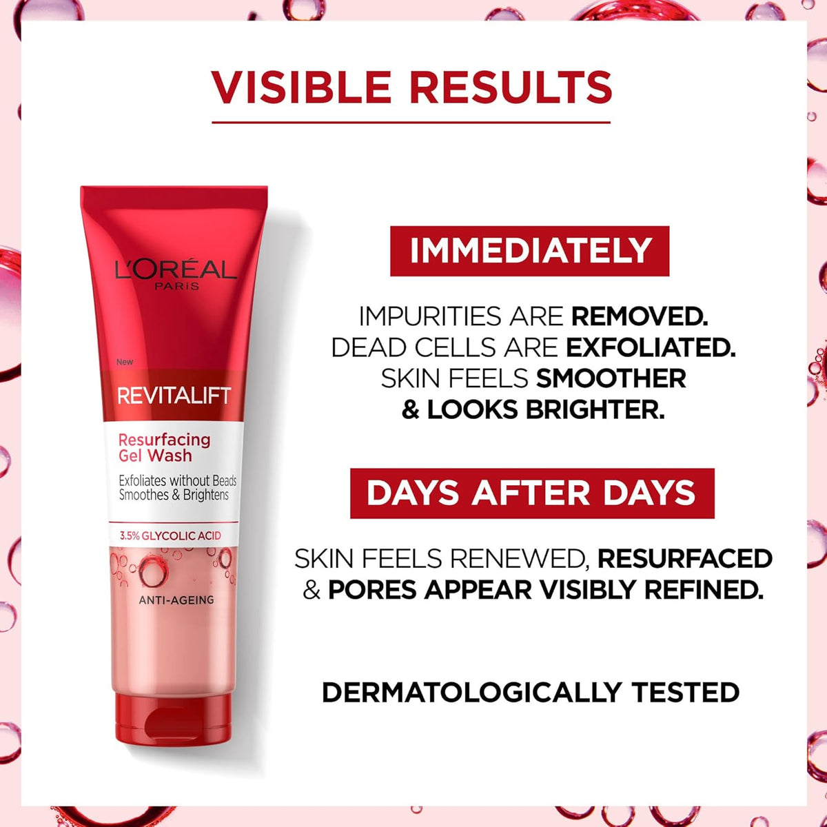 L'ORÉAL Paris 3.5% Glycolic Acid Cleanser, Revitalift Glycolic Resurfacing Gel Wash, Gently Exfoliates To Smooth & Brighten Skin – 150ml
