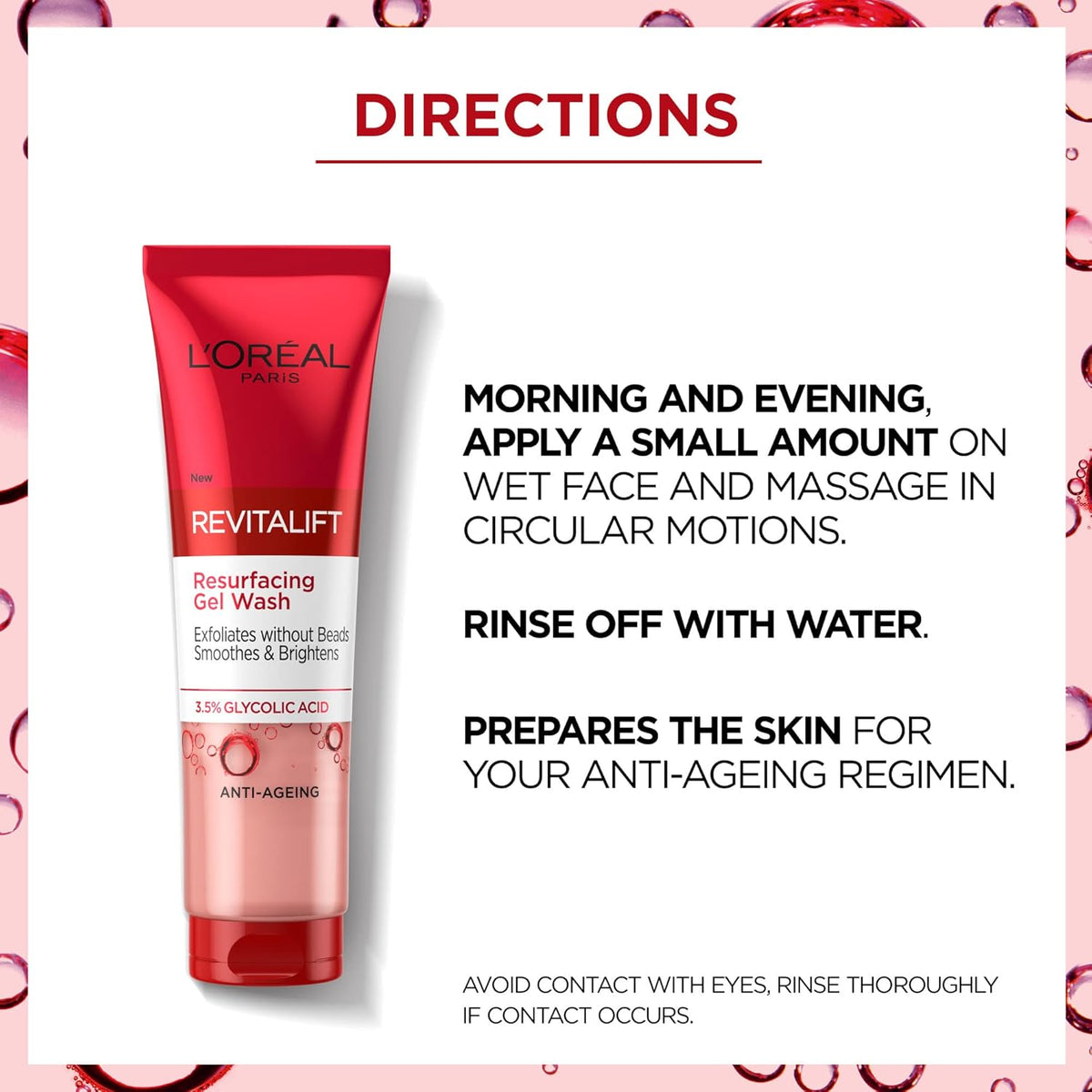 L'ORÉAL Paris 3.5% Glycolic Acid Cleanser, Revitalift Glycolic Resurfacing Gel Wash, Gently Exfoliates To Smooth & Brighten Skin – 150ml