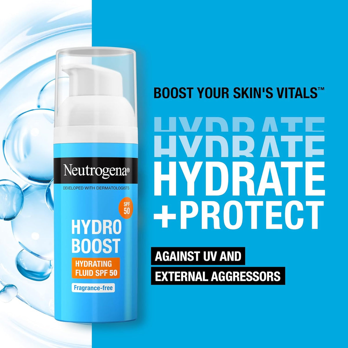 Neutrogena Hydro Boost Hydrating Sun Fluid SPF 50, Lightweight, Non-Sticky, with Hyaluronic Acid, Pro-Vitamin B5 and 2% Niacinamide, 50ml
