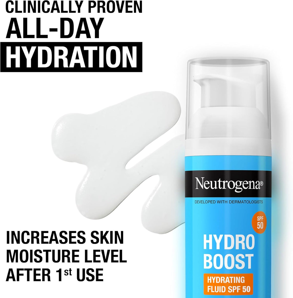 Neutrogena Hydro Boost Hydrating Sun Fluid SPF 50, Lightweight, Non-Sticky, with Hyaluronic Acid, Pro-Vitamin B5 and 2% Niacinamide, 50ml