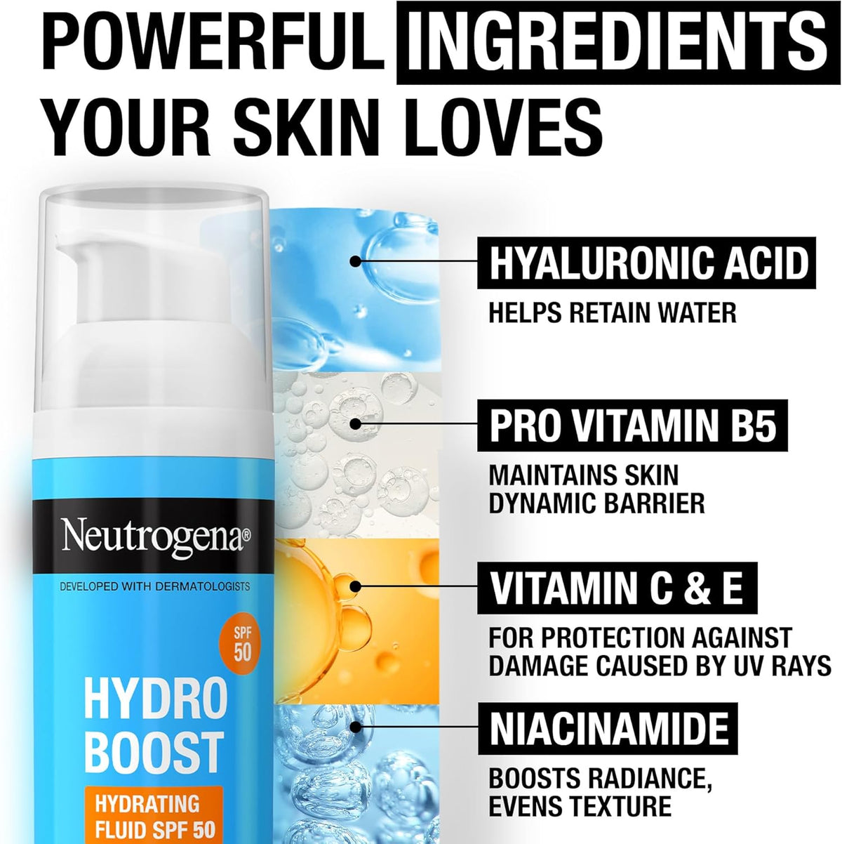 Neutrogena Hydro Boost Hydrating Sun Fluid SPF 50, Lightweight, Non-Sticky, with Hyaluronic Acid, Pro-Vitamin B5 and 2% Niacinamide, 50ml