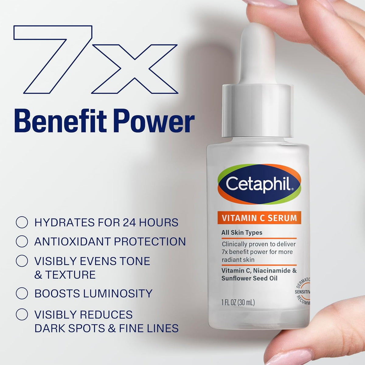 Cetaphil Vitamin C Serum, Visibly Reduces Look of Dark Spots and Hyperpigmentation, Formulated with Niacinamide, Designed for Sensitive Skin, Fragrance Free, Dermatologist Tested, 1oz